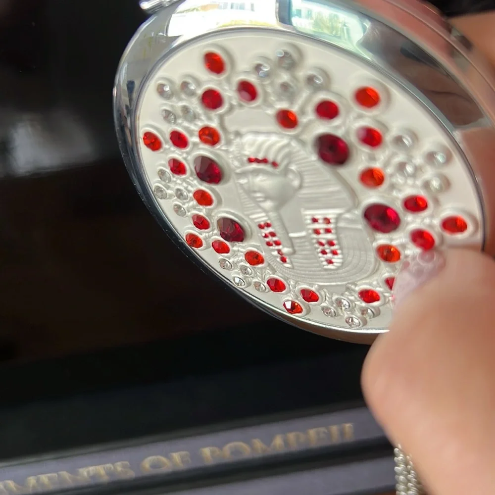 HAND MIRROR Egyptian Pharaoh Compact Magnified Purse silver-tone Rhinestones